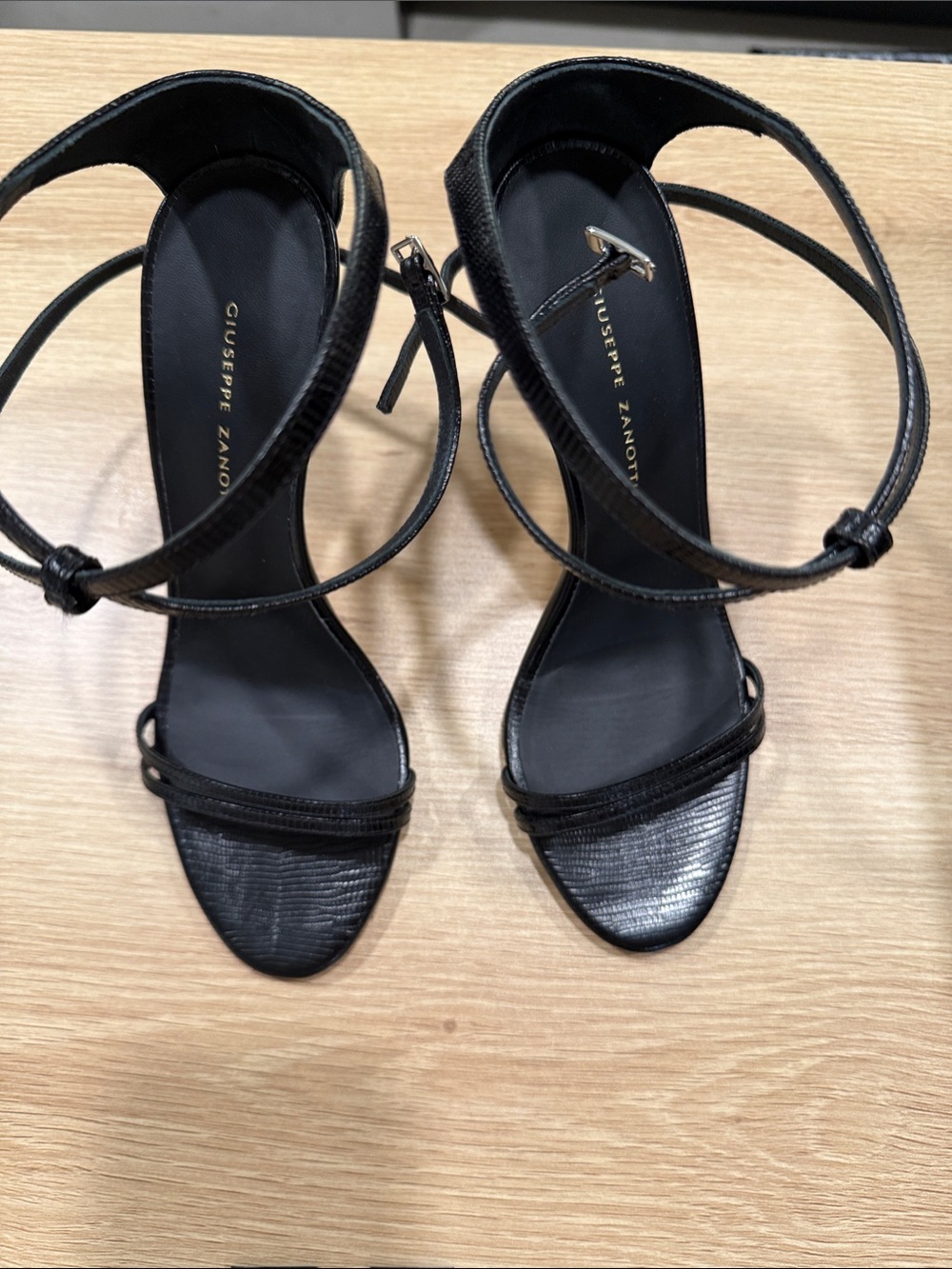 Giuseppe Zanotti Black Lizard-Texture Ankle-Tie Heels